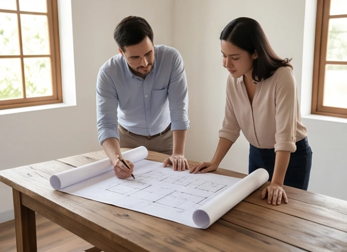 Hai người đàn ông cùng thảo luận trên bản vẽ thiết kế xây dựng để chuẩn bị động thổ