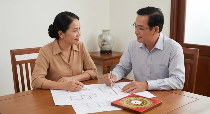 Gia chủ tuổi kỷ dậu 1969 cùng chuyên gia phong thủy nghiên cứu bản vẽ xây dựng và hướng nhà hanh thông