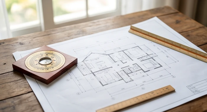 Bản vẽ thiết kế thi công nhà ở được trải phẳng bên cạnh chiếc la bàn phong thủy và thước lỗ ban