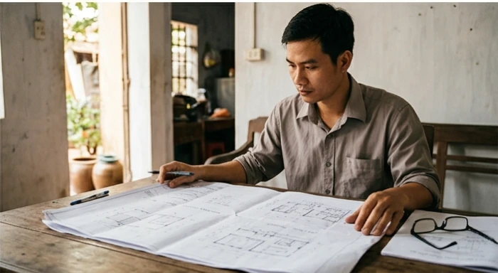 Người thân hợp tuổi đang thay mặt gia đình xem xét bản vẽ thiết kế để chuẩn bị cho quá trình động thổ