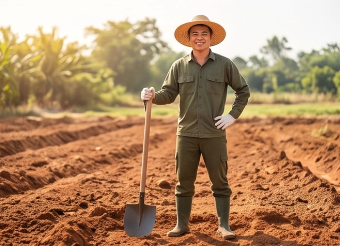 Người nam giới được mượn tuổi đang thực hiện nghi thức động thổ tại phương vị cát tường cho ngôi nhà mới