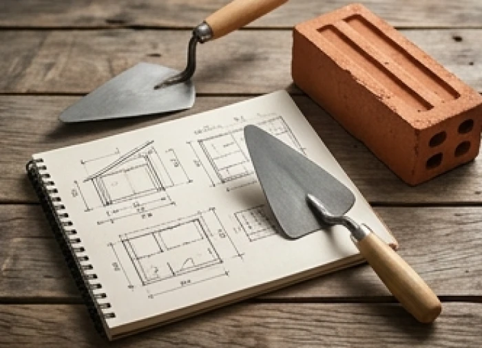 Cuốn sổ ghi chép kế hoạch xây dựng nhà cửa đặt cạnh một chiếc xẻng nhỏ và viên gạch đỏ