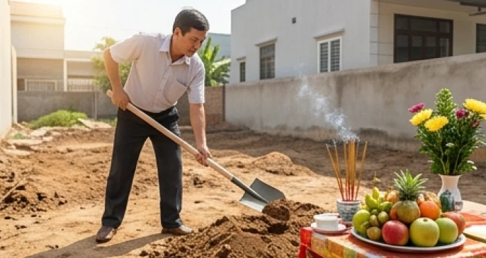 Nghi thức động thổ xây nhà với sự hỗ trợ của người hợp tuổi giúp gia chủ nhâm dần hóa giải hạn kim lâu