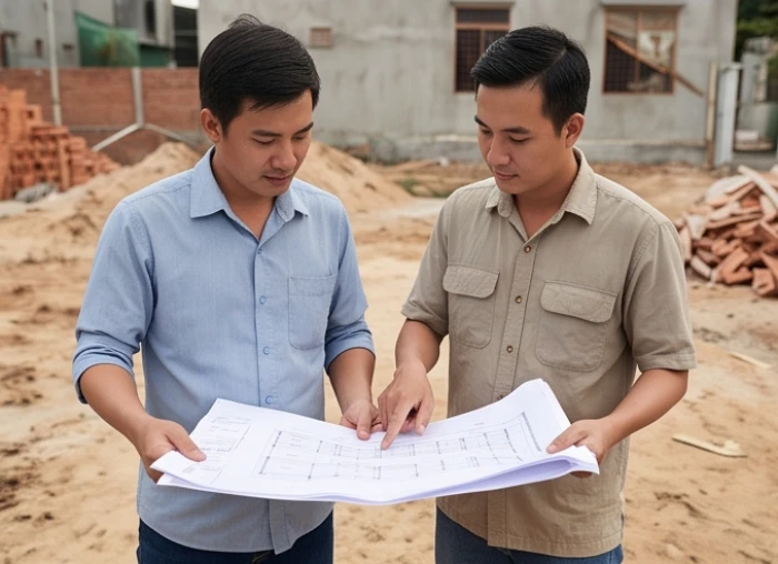 Gia chủ và người được mượn tuổi cùng trao đổi bản vẽ thiết kế trước khi tiến hành động thổ xây nhà mới