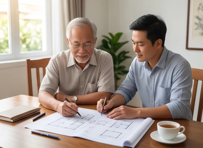 Gia chủ cao niên cùng con cháu xem xét bản vẽ thiết kế trước khi tiến hành động thổ