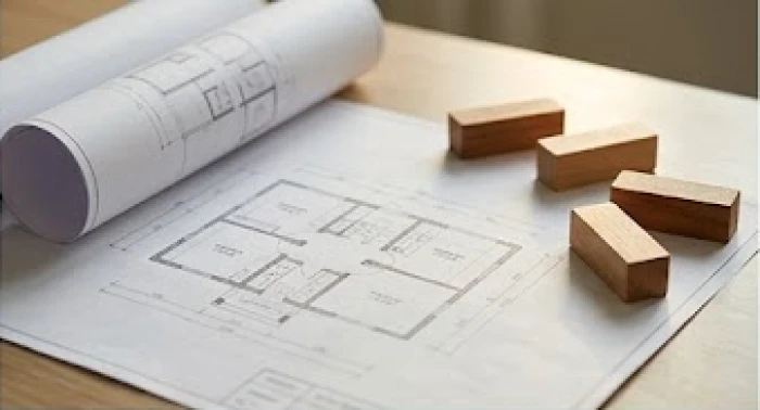 Bản vẽ thiết kế ngôi nhà đặt cùng các khối phong thủy bằng gỗ tượng trưng cho việc động thổ xây dựng an toàn