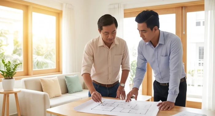 Hai người đàn ông cùng trao đổi bản vẽ thiết kế chuẩn bị thủ tục mượn tuổi động thổ xây nhà