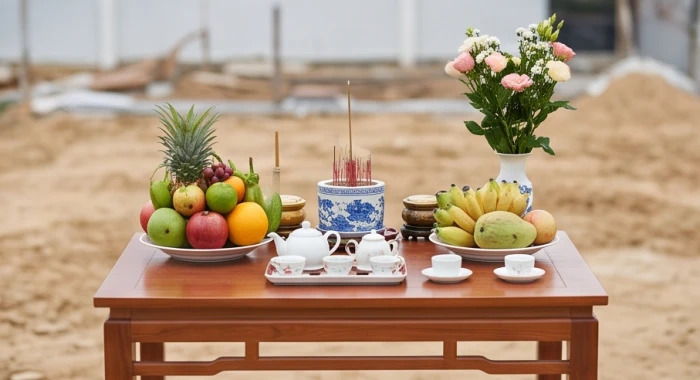 Bàn lễ cúng động thổ trang trọng chuẩn bị cho nghi thức mượn tuổi làm nhà của gia chủ tuổi Nhâm Dần 1962