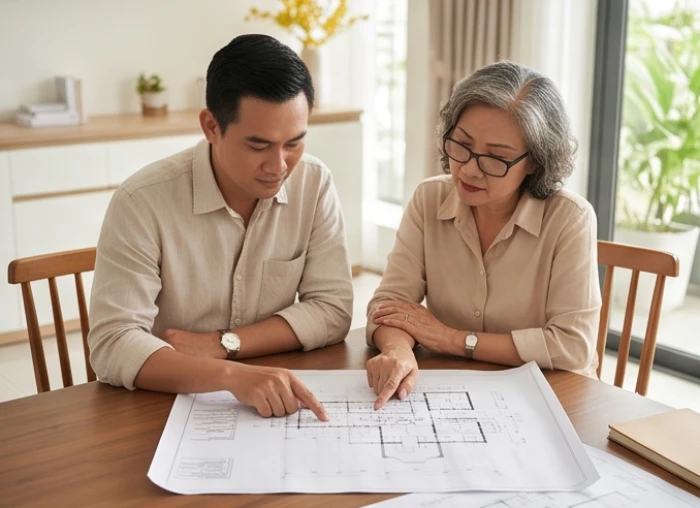 Gia chủ tuổi Thìn cùng chuyên gia xem xét bản vẽ định vị cửa chính căn nhà theo cung phi của trụ cột tài chính gia đình