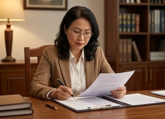 Thế hệ con cháu tuổi Nhâm Tuất cẩn thận xem xét hồ sơ và đại diện gia chủ xử lý công việc quan trọng