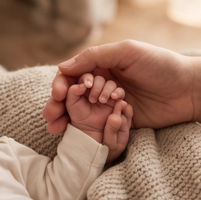Đôi bàn tay người lớn đang nắm lấy bàn tay nhỏ bé của em bé sơ sinh trên nền chăn len mềm mại