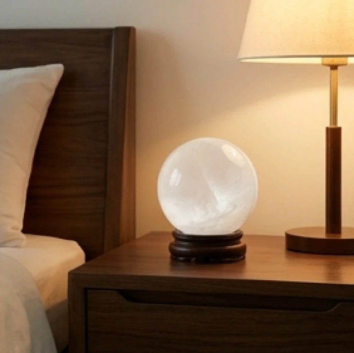 Quả cầu thạch anh trắng đặt trên tủ cạnh giường ngủ giúp hỗ trợ cân bằng trường khí gia đạo