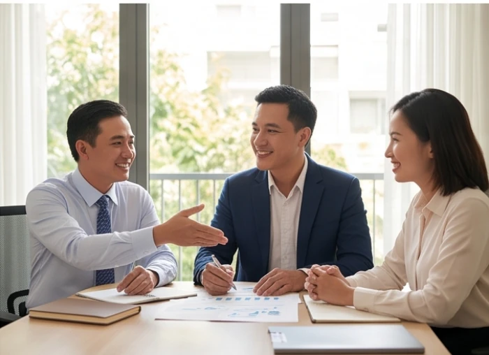 Ba người đối tác hợp tác làm ăn cùng thảo luận trên bàn họp với vai trò trung gian điều hòa năng lượng xung khắc