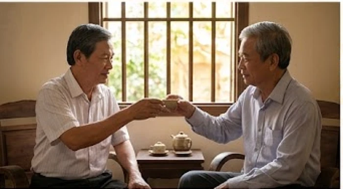 Hai người đàn ông lớn tuổi đang nâng ly trà thực hiện nghi thức mượn tuổi xây nhà