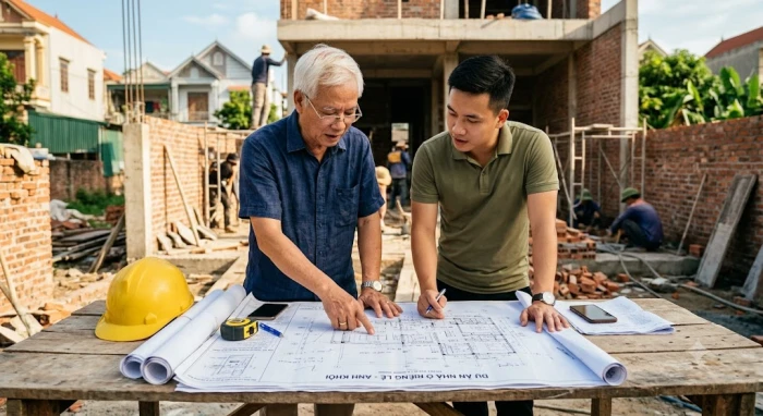 Buổi lễ động thổ xây nhà với sự hiện diện của người được mượn tuổi thuộc bộ tam hợp Thân Tý Thìn