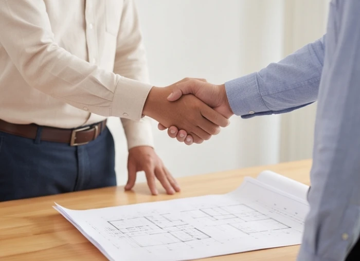 Hai doanh nhân nam đang bắt tay hợp tác kinh doanh thể hiện sự tương hợp ngũ hành