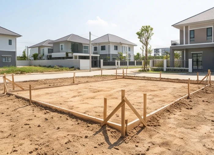 Khu đất chuẩn bị thi công với các cọc định vị hướng nhà vuông vắn sẵn sàng cho lễ động thổ