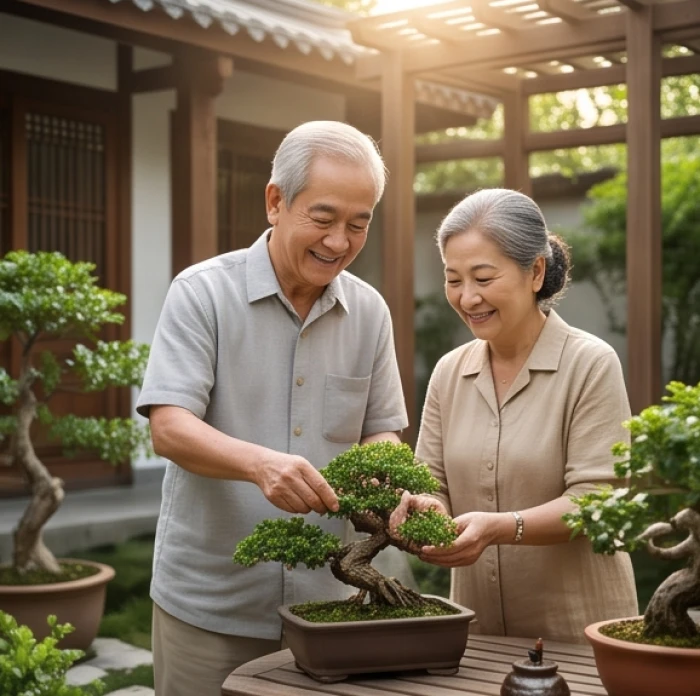 Vợ chồng cao tuổi chăm sóc cây cảnh sân vườn thể hiện gia đạo hòa thuận khi xem tuổi kết hôn hợp nam 1945