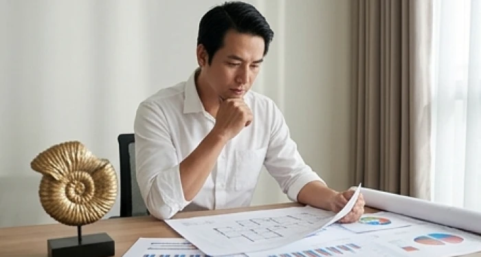 Nam giới tuổi ất sửu 1985 làm việc tập trung trong phòng đọc sách bên biểu tượng vàng Hải Trung Kim