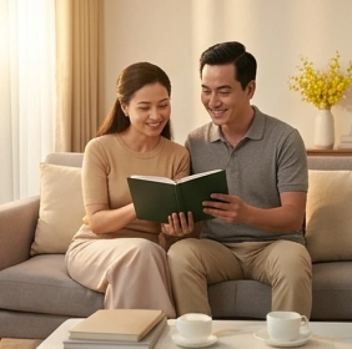 Vợ chồng nam Ất Sửu cùng nữ Quý Dậu hạnh phúc chia sẻ kế hoạch tài chính trong không gian phòng khách