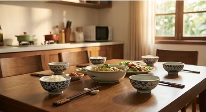 Người vợ hiền hòa đang chuẩn bị mâm cơm chiều tươm tất trong gian bếp ấm áp của gia đình