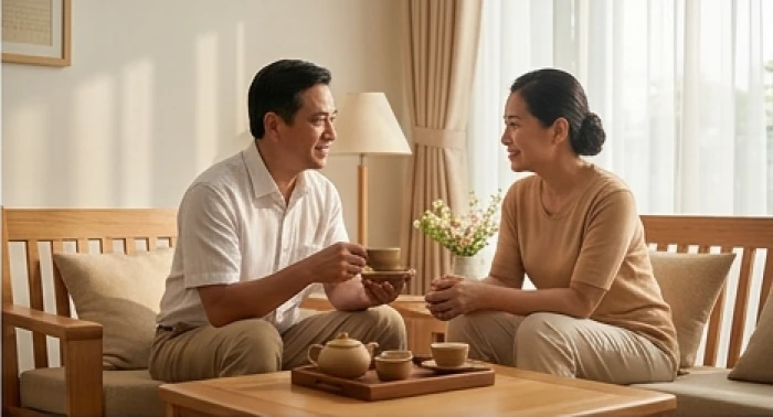 Cặp đôi trung niên cùng nhau thưởng trà trong phòng khách ấm cúng thể hiện sự hài hòa hôn nhân cho nam mạng Bính Thìn 1976