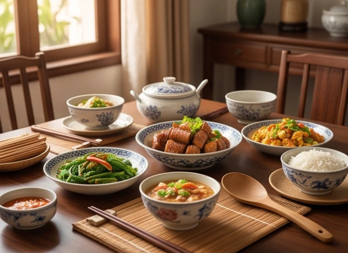 Bữa cơm gia đình truyền thống ấm cúng thể hiện sự hòa thuận của vợ chồng tuổi Tuất Hợi