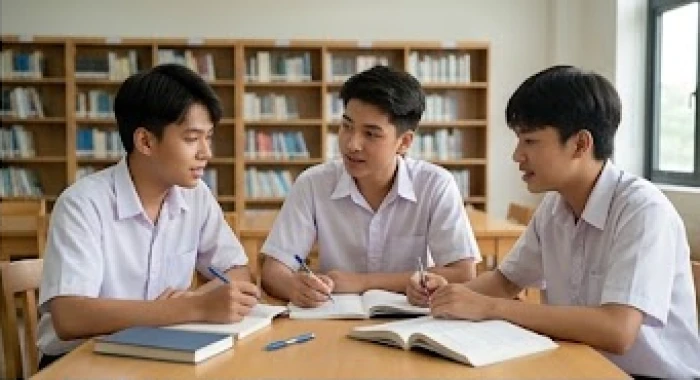 Nhóm ba học sinh nam cùng thảo luận bài tập nhóm tại thư viện với thái độ tập trung và tinh thần tự lập