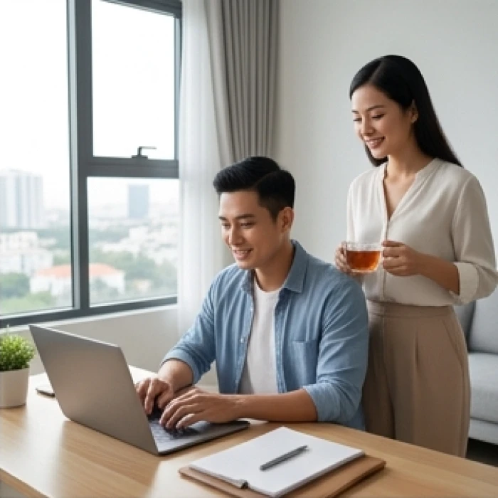 Người chồng trẻ tuổi Canh Thìn tự tin làm việc tại phòng khách cùng người vợ hiền hòa luôn đồng hành chia sẻ