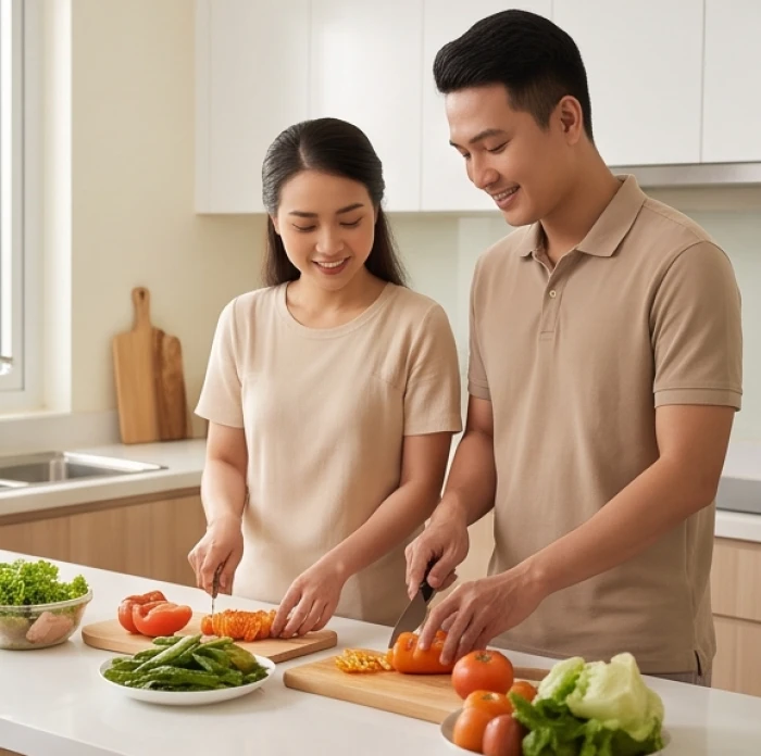 Người chồng tuổi Canh Thìn 2000 ân cần chuẩn bị bữa tối ấm áp cho người vợ trong căn bếp gia đình