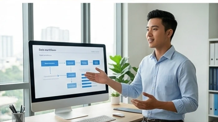 Chuyên viên trẻ tuổi đang thuyết trình ý tưởng sáng tạo với biểu đồ dữ liệu trên màn hình tại không gian làm việc mở