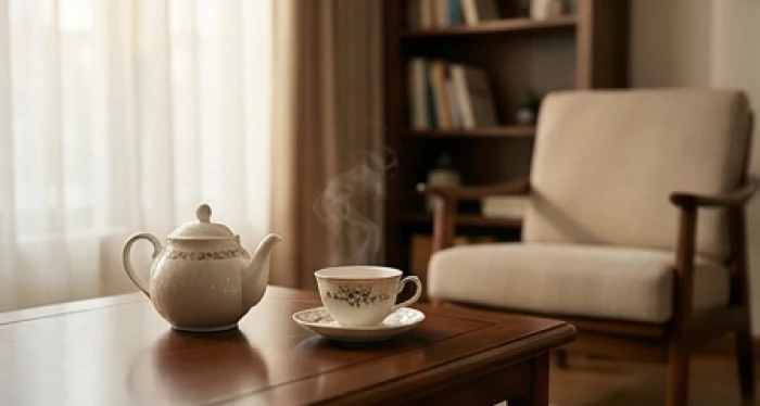 Bàn trà thanh lịch với ấm trà nóng gốm sứ được đặt tinh tế bên cạnh không gian yên tĩnh giúp nam Canh Tuất thư giãn