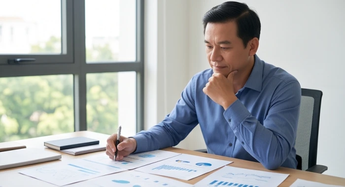 Nam giới tuổi Canh Tý suy ngẫm trước sổ tay kế hoạch và biểu đồ kinh doanh tại văn phòng