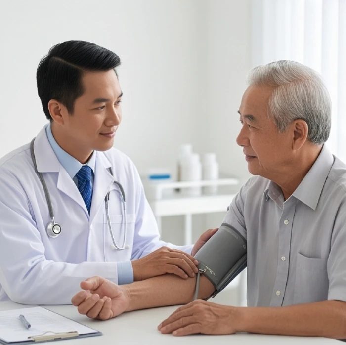 Bác sĩ kiểm tra huyết áp cho người cao tuổi giúp chủ động phòng ngừa rủi ro sức khỏe trong năm hạn