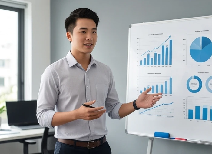 Nam thanh niên tuổi đinh hợi 2007 tự tin thảo luận trực diện và phân tích dữ liệu khi xử lý sự cố công việc