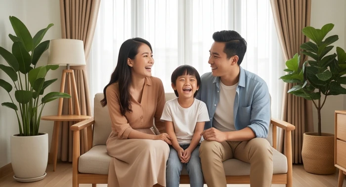 Gia đình nam đinh mão 1987 hạnh phúc đầm ấm bên vợ con trong không gian phòng khách hiện đại sang trọng