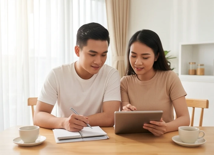 Cặp vợ chồng trẻ cùng nhau xem lại kế hoạch tài chính và lập quỹ tiết kiệm chung cho gia đình