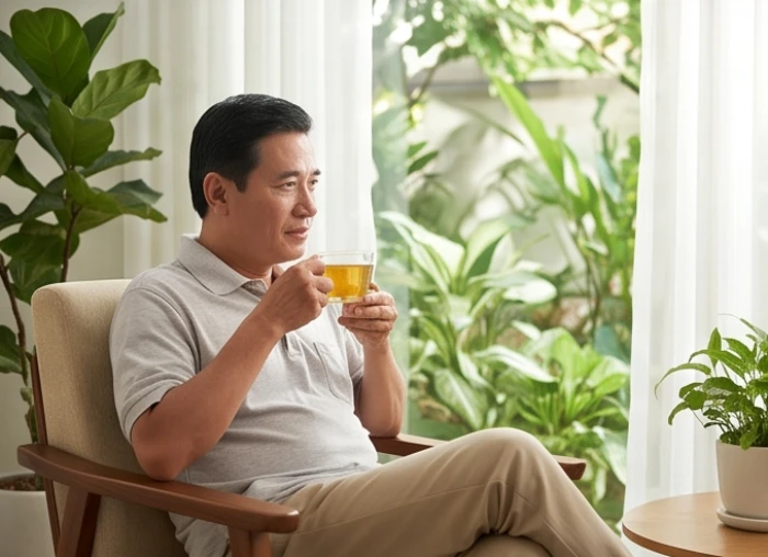 Nam mạng 53 tuổi nghỉ ngơi thư giãn và kiểm tra chỉ số huyết áp tại nhà để phòng ngừa tác động từ hạn Diêm Vương