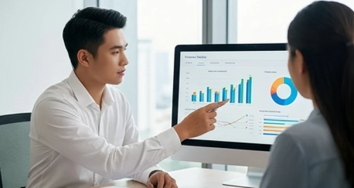 Chuyên viên trẻ phân tích biểu đồ báo cáo tài chính trực quan cùng đồng nghiệp trên màn hình máy tính tại văn phòng