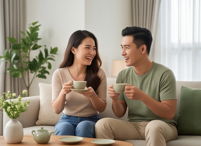 Cặp vợ chồng hạnh phúc thưởng thức trà chiều trong phòng khách ấm cúng tràn ngập ánh sáng tự nhiên