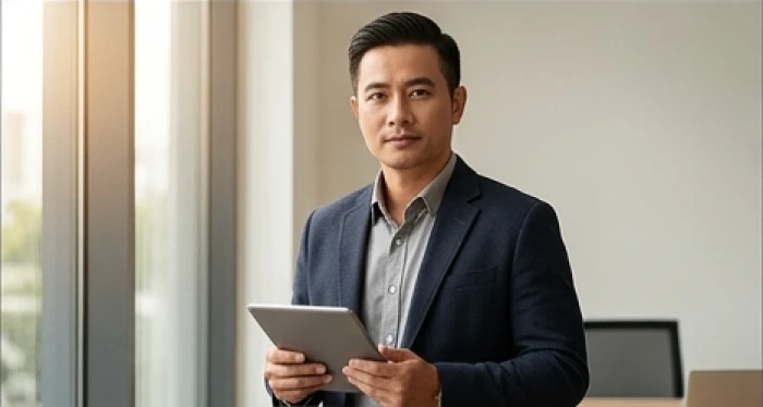Người đàn ông sinh năm giáp tý điềm tĩnh làm việc trong không gian văn phòng riêng mang phong cách tối giản