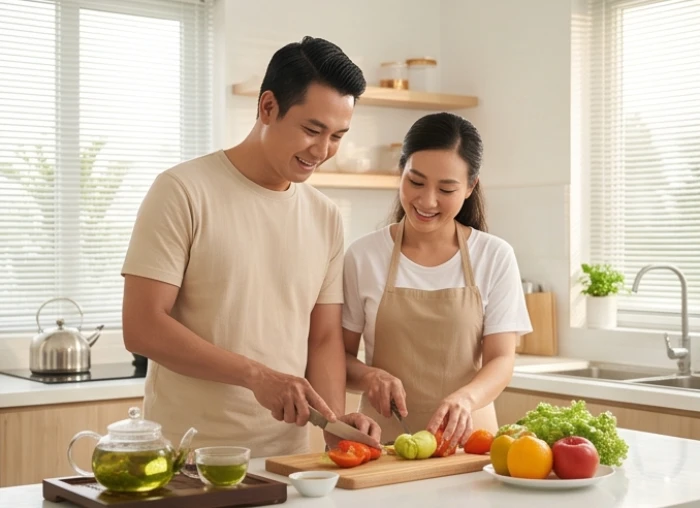 Nam mạng Giáp Tý 1984 cùng người vợ hợp tuổi chia sẻ khoảnh khắc an yên trong căn nhà hợp ngũ hành