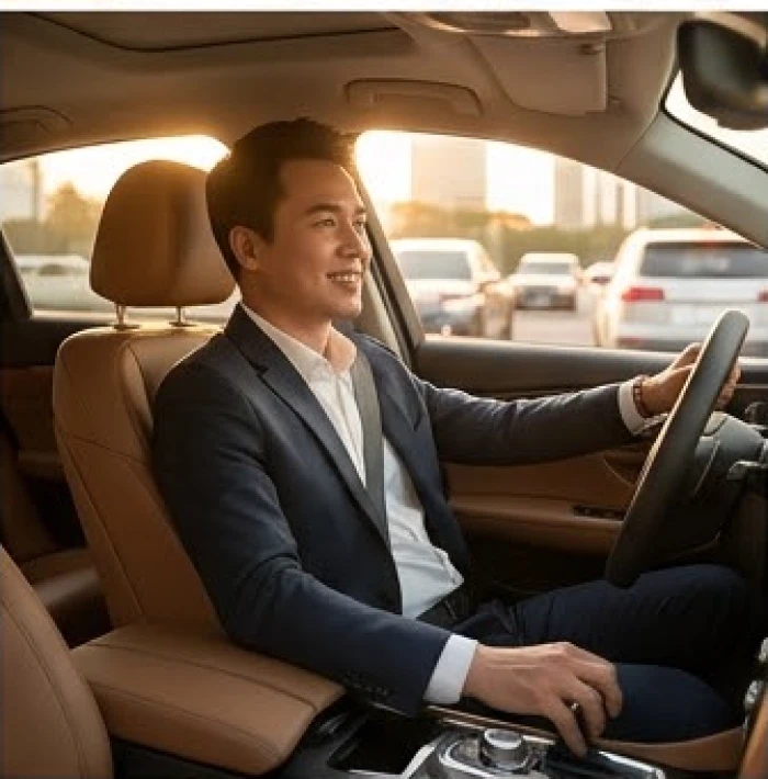 Người đàn ông mặc áo sơ mi lịch lãm mỉm cười nhẹ khi dừng chờ đèn đỏ trong thành phố