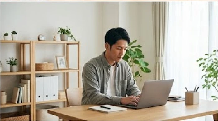 Người đàn ông tập trung làm việc bên máy tính trong không gian phòng làm việc tại nhà
