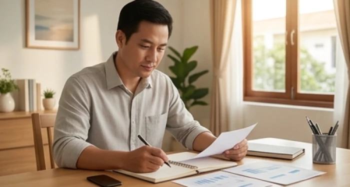 Người chồng tuổi Sửu cẩn thận xem xét sổ sách tài chính và kế hoạch sửa sang nhà cửa bên bàn làm việc