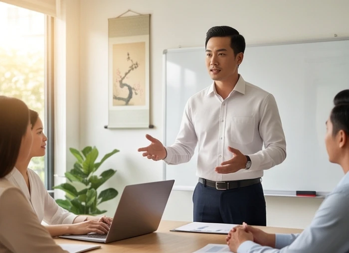 Nam doanh nhân đang trình bày một chiến lược đột phá trong một buổi họp nhóm với phong thái tự tin