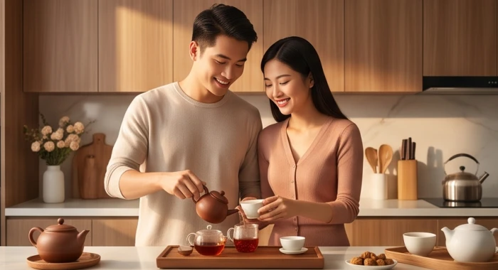 Cặp vợ chồng trẻ hạnh phúc chuẩn bị bữa cơm ấm cúng trong gian bếp gia đình sang trọng