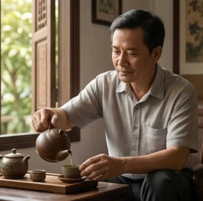 Người đàn ông tuổi trung niên đang ngồi suy ngẫm trong không gian tĩnh lặng phản ánh áp lực từ sao Thái Bạch