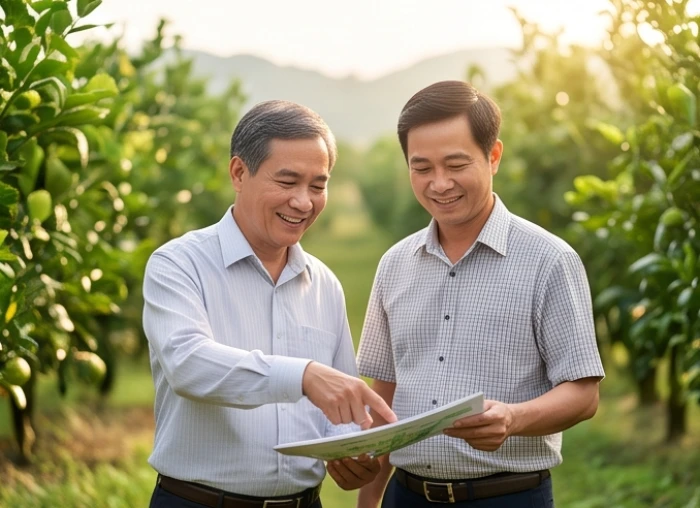 Hai đối tác nam mạng Kỷ Sửu và Canh Dần khảo sát dự án nông nghiệp nhà vườn xanh mát