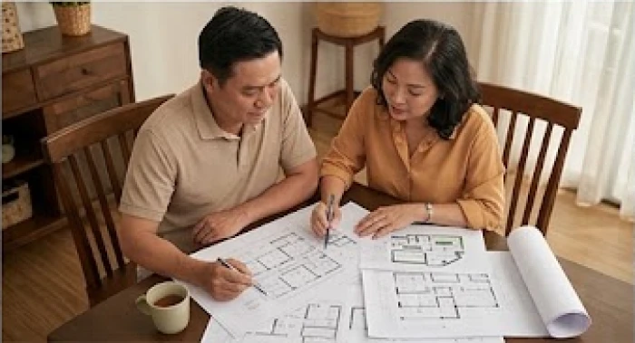 Người đàn ông trưởng thành đang xem xét bản vẽ cùng người vợ để chuẩn bị xây dựng mái ấm gia đình